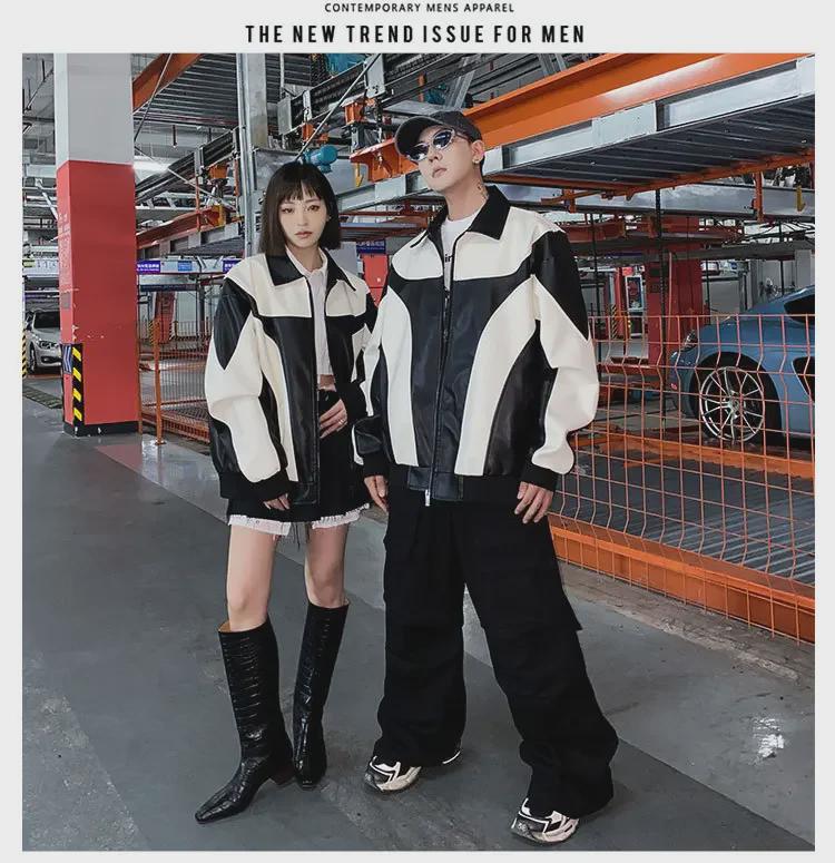 Мужская кожаная куртка в гонконгском стиле: Корейская мода осень/зима, молодежный свободный крой, контрастные цвета, повседневная верхняя одежда для мотоциклистов