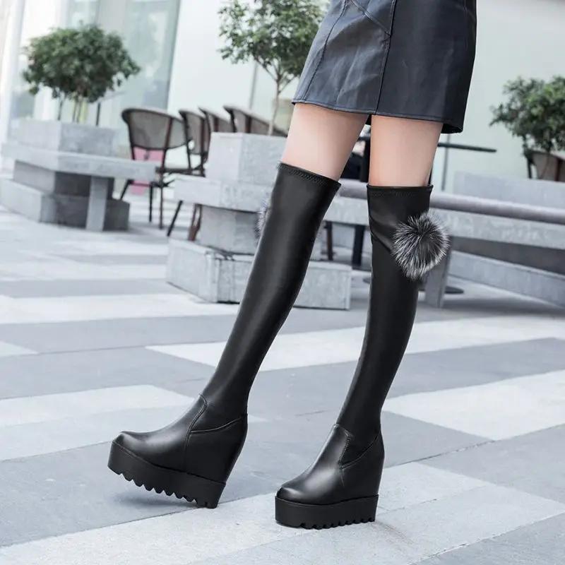 Женские высокие сапоги до колена с круглым носком и очень высоким каблуком на танкетке, женские длинные сапоги, зима 2024, новинка, модный дизайнер, роскошь, водонепроницаемость