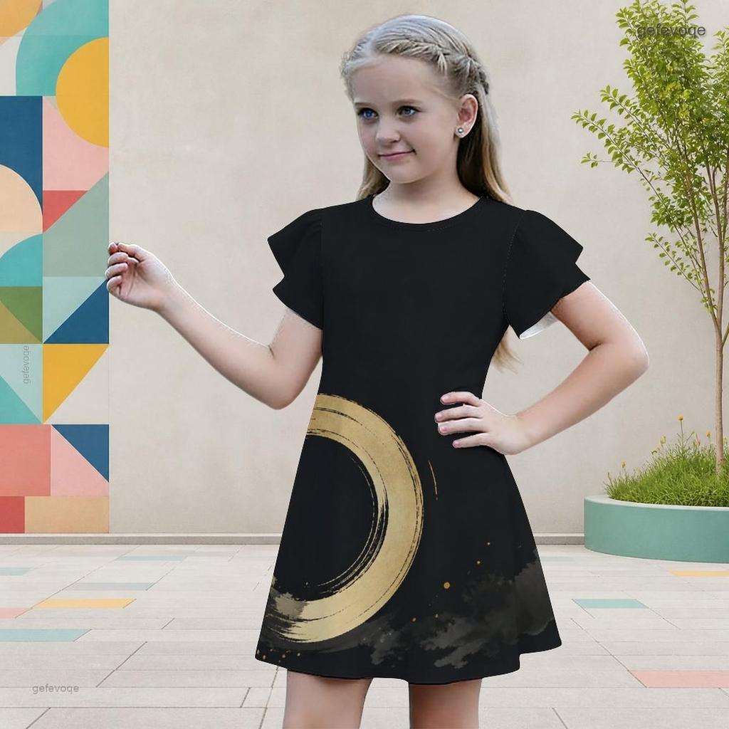 Girls Round Neck Flutter Sleeve American Flag Printed A Line Dress Black Red White