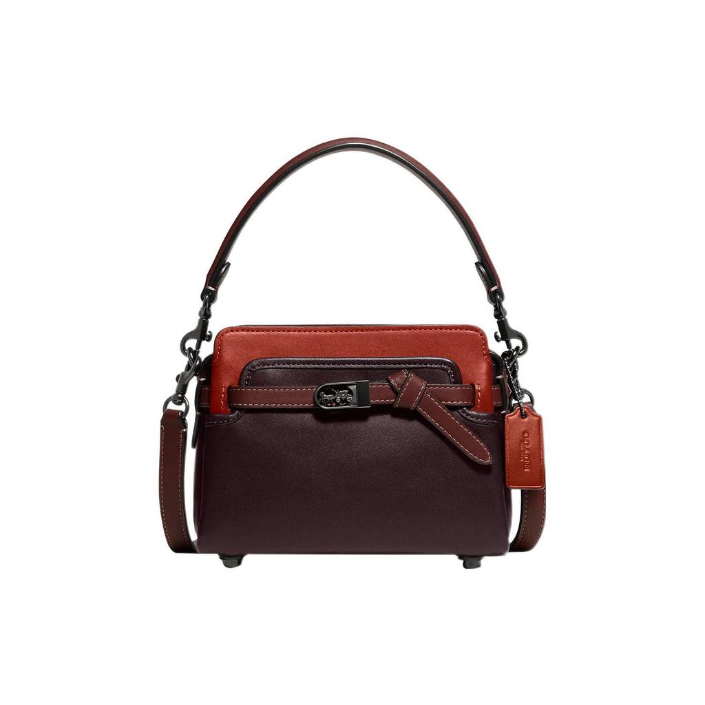 Coach Tate 18 Сумка-портфель с бантом Логотип Цветные блоки Карман Фурнитура Кожаная сумка Женская сумка Красный Темно-коричневый C2632-V5FCG