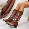 Cowboy Boots for Women Wide Calf Cowgirl Boots Pointed Toe Chunky Heel Floral Embroidered Mid-Calf Western Boots Womens Pull On Low Block Heel Booties