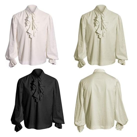 Мужская рубашка для выступлений с рюшами и отложным воротником с длинными рукавами, сплошной цвет, рукава-фонарики, винтажный ренессансный королевский стиль