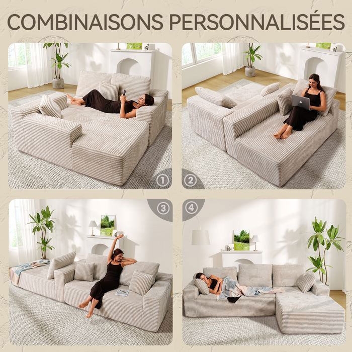 Right corner sofa 263x171x 59cm, free combination, without assembly 4-seater L-shaped sofa with beige corduroy chaise longue
