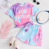 Directional Opening, Hot-Selling Model for Girls, Tie-Dye with Letter Print, T-Shirt and Shorts Suit, Casual Style