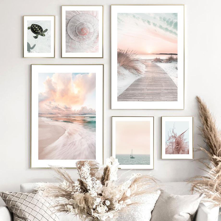 Wall Art Print Calm Beach Waves Raft Road Turtle Shells Reed Canvas Painting Nordic Poster Decoration Pictures For Living Room