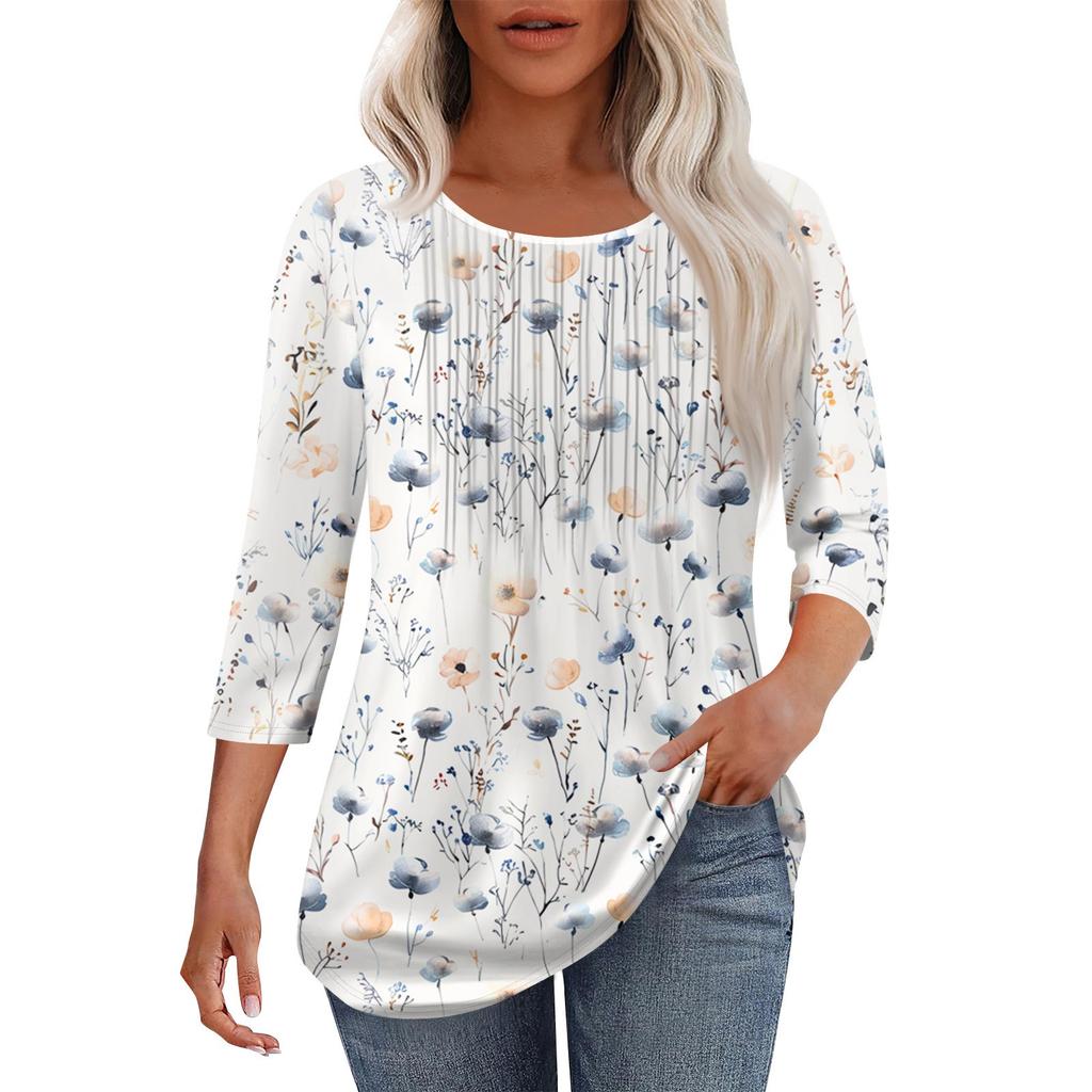 Женская модная повседневная плиссированная футболка с круглым вырезом и рукавами три четверти с повседневным цветочным принтом