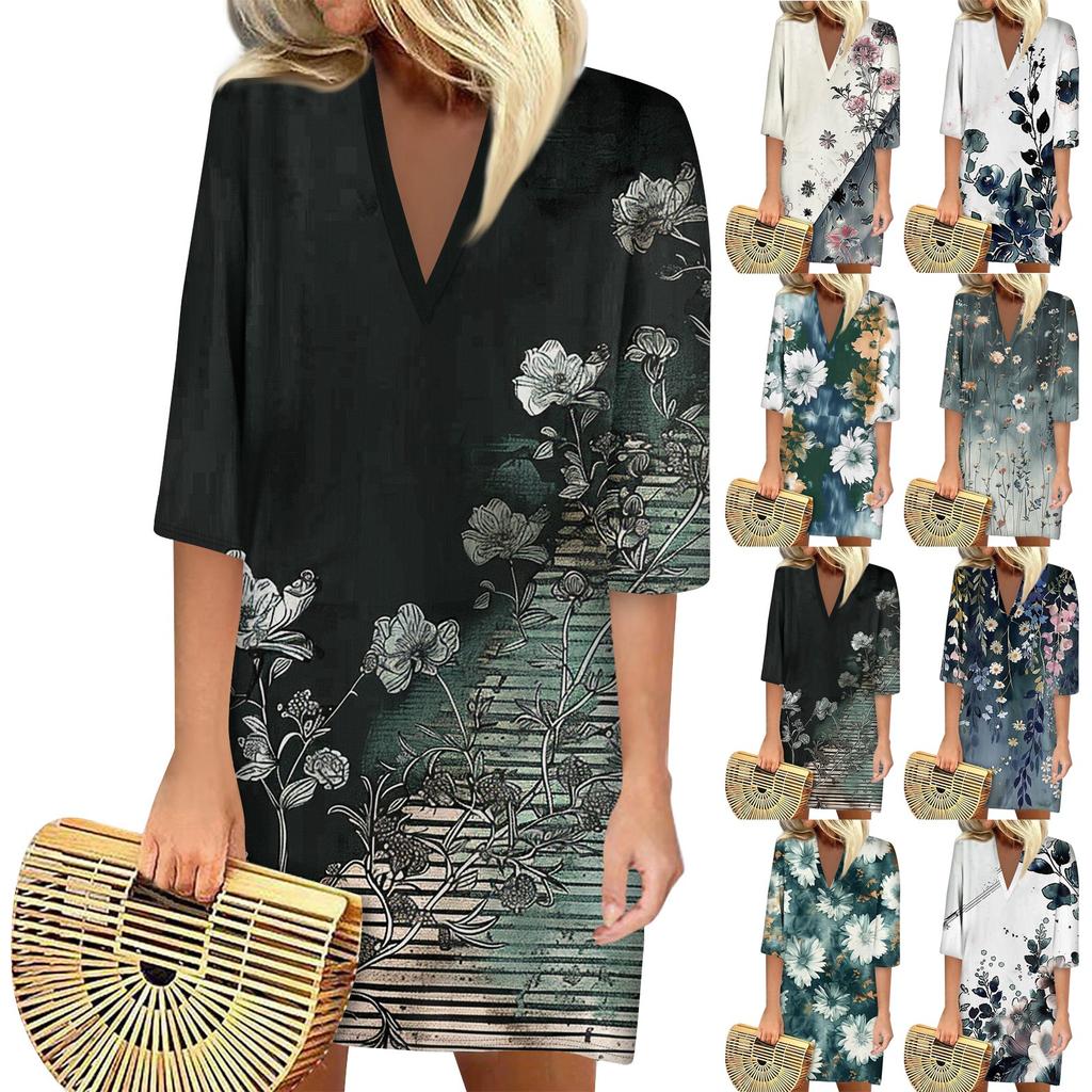Summer Dresses For Women 2024 Fashion Casual Printed Loose V Neck 3/4 Sleeve Dress