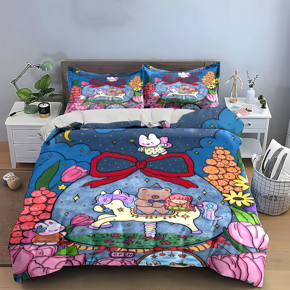 Cartoon Carousel Three-Piece Set Decor Soft Skin-Friendly Bedding Set Includes 1 Duvet Cover And 2 Pillowcase, Gift