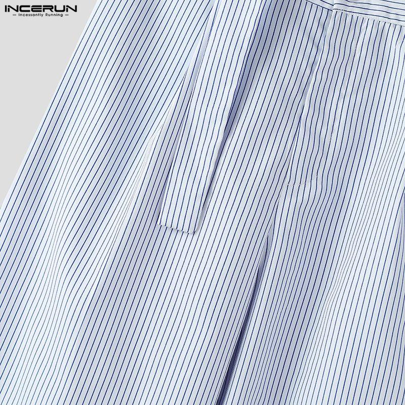 INCERUN Мужские наряды Стойка воротник Полосатый Длинный рукав Кроп-топы На молнии С высокой талией Длинные брюки Комплекты