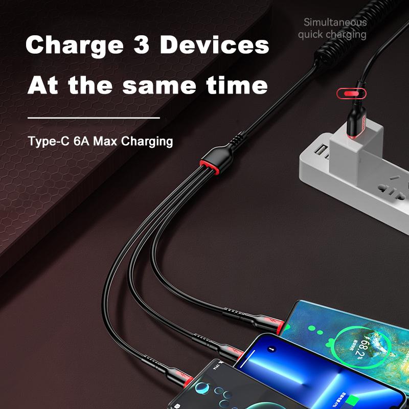 VAORLO Зарядный кабель 3 в 1, 1,8 м, 6 А, 66 Вт, для быстрой зарядки Type-C Micro IOS, пружинный кабель, передача данных 480 Мбит/с для Android Iphone