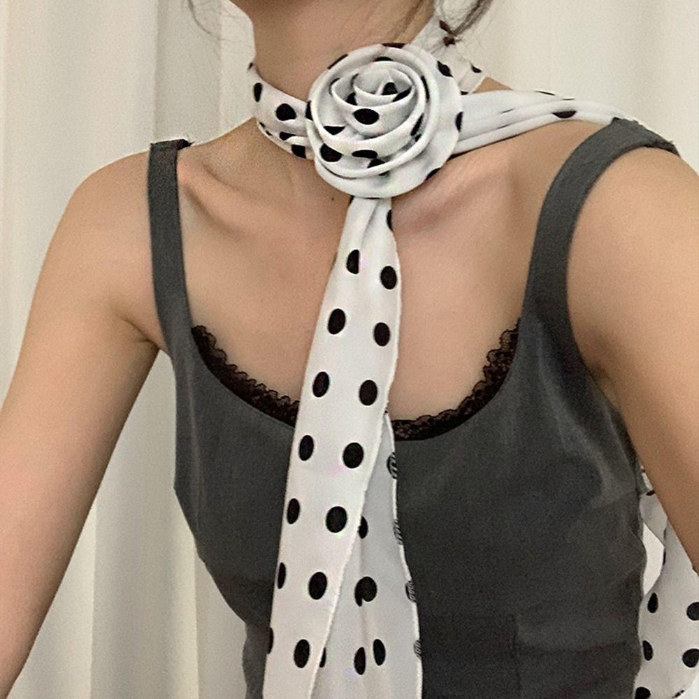 Wrap Polka Dot Scarves Bow Ties Collar Flower Decoration All-match Long Silk Scarf Female