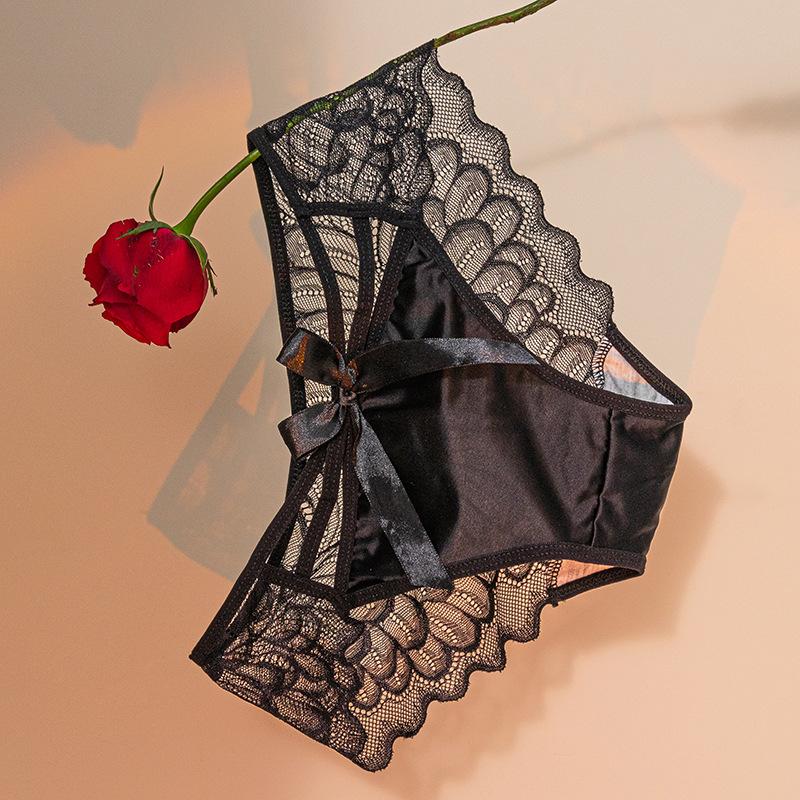 Bowknot Hollow Lace Panties for Women Satin Pure Cotton Crotch Breathable Sexy Mid-waist Women Briefs Underwear Knickers EMA