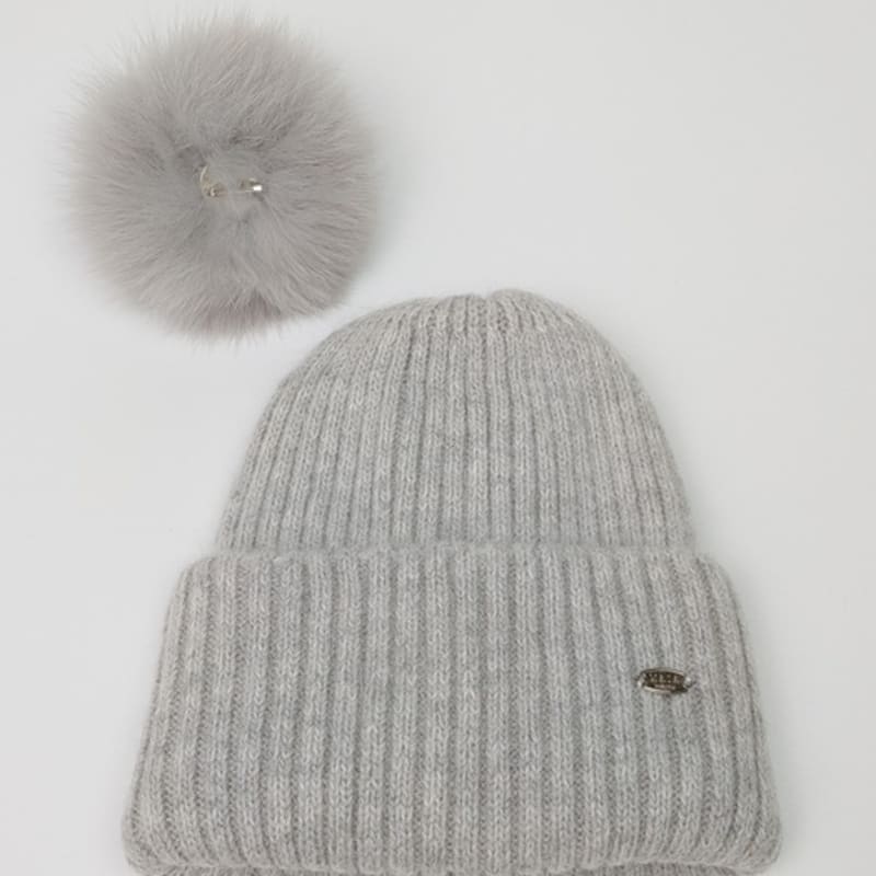 MAIA Fox Fur Pom Pom Beanie Hat - Grey