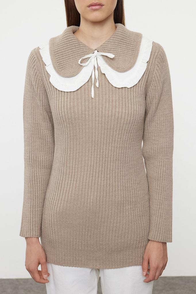 Women's Fashionable Stylish Hijab Sweater Beige Thessaloniki Knitted Baby Collar Knitwear Sweater