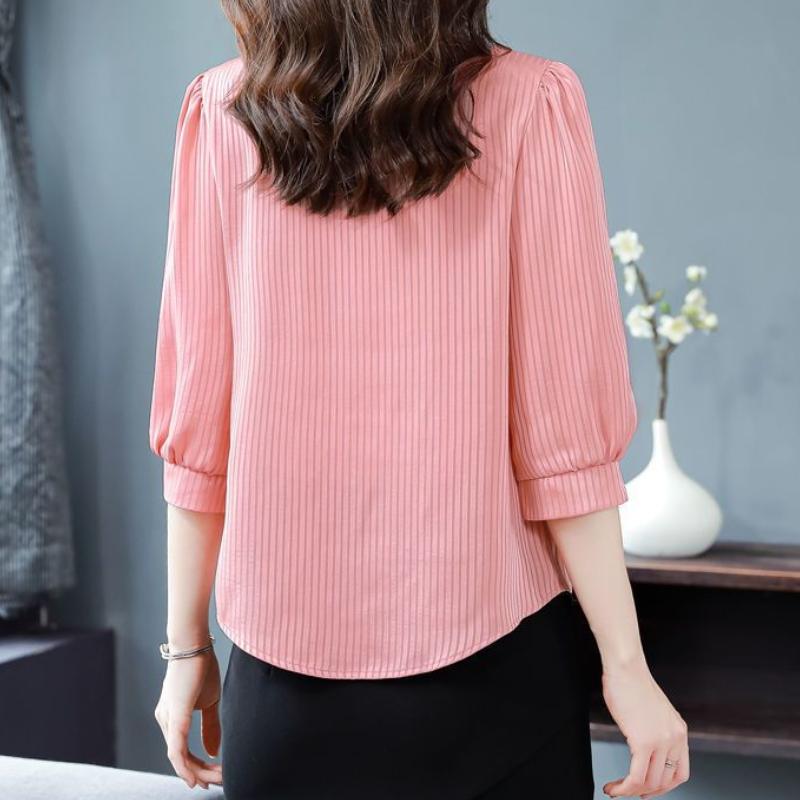 Summer Women's Seven Quarter Sleeved Mom's V-neck Loose Slimming Top Chiffon Shirt