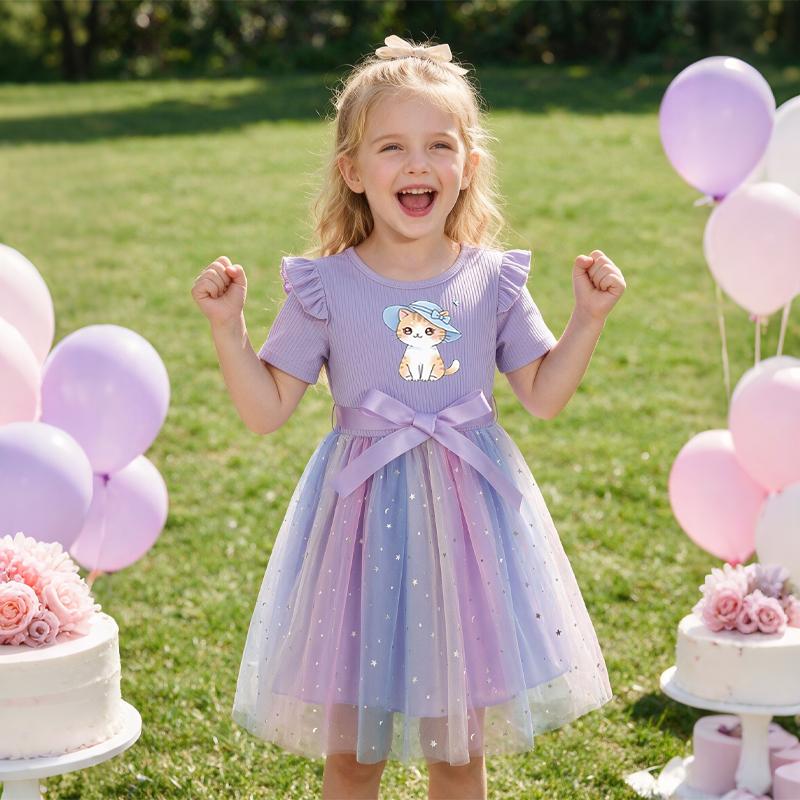 Girls Star Tulle Dress,Printed with a Cat in a Hat, Cute Princess Party Dress with Bow, Short Sleeve Summer Dress for Little Girls