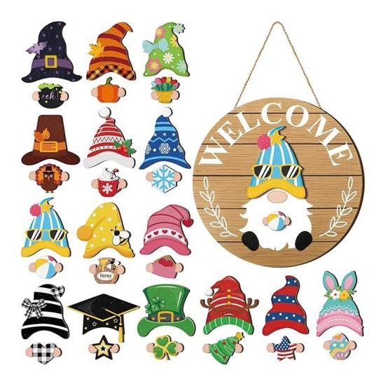 1 Set Interchangeable Wooden Welcome Sign with Seasonal Hat Accessories Gnome Highland Cow Hanging Front Door Sign Home Office Holiday Decoration