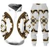 Luxury Golden Floral Print Men's 2 Piece Outfit Retro Baroque Pattern Hoodie/Pants/Set Hip Hop Streetwear Men/Women Jogging Suit