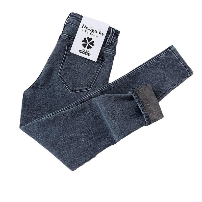 Женские узкие джинсы с высокой талией на флисовой подкладке - зимние облегающие эластичные брюки-карандаш