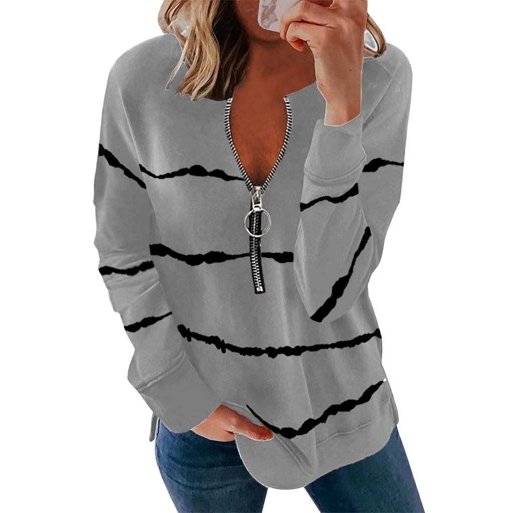 Women Casual Pringting Stripe Zipper Long Sleeve Casual Blouse Tops Shirts