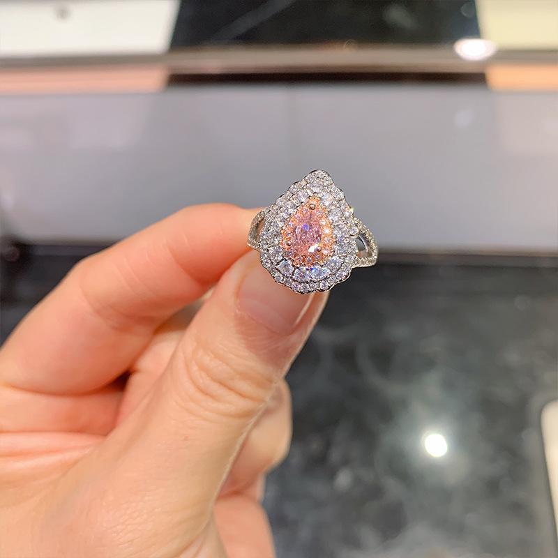 Кольцо с розовым бриллиантом в виде капли воды, кольцо с цветным бриллиантом и цирконом, женское кольцо с имитацией помолвки с микро-бриллиантами