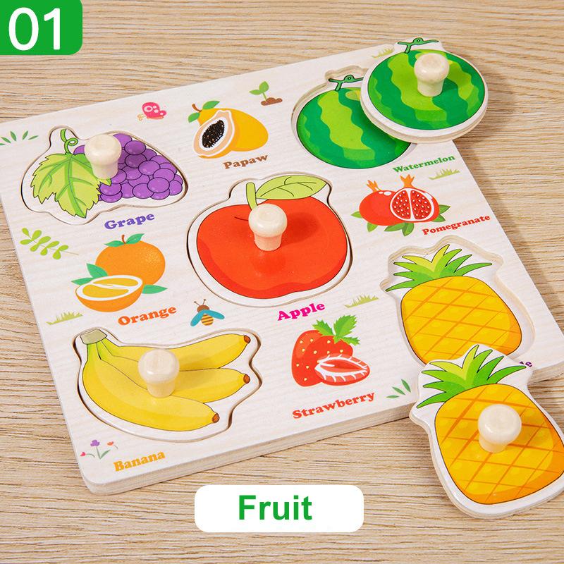 Montessori Wooden Puzzles Cartoon Animal Fruit Hand Grab Board Cognition Jigsaw Puzzle Game Learning Educational Toys For Kids
