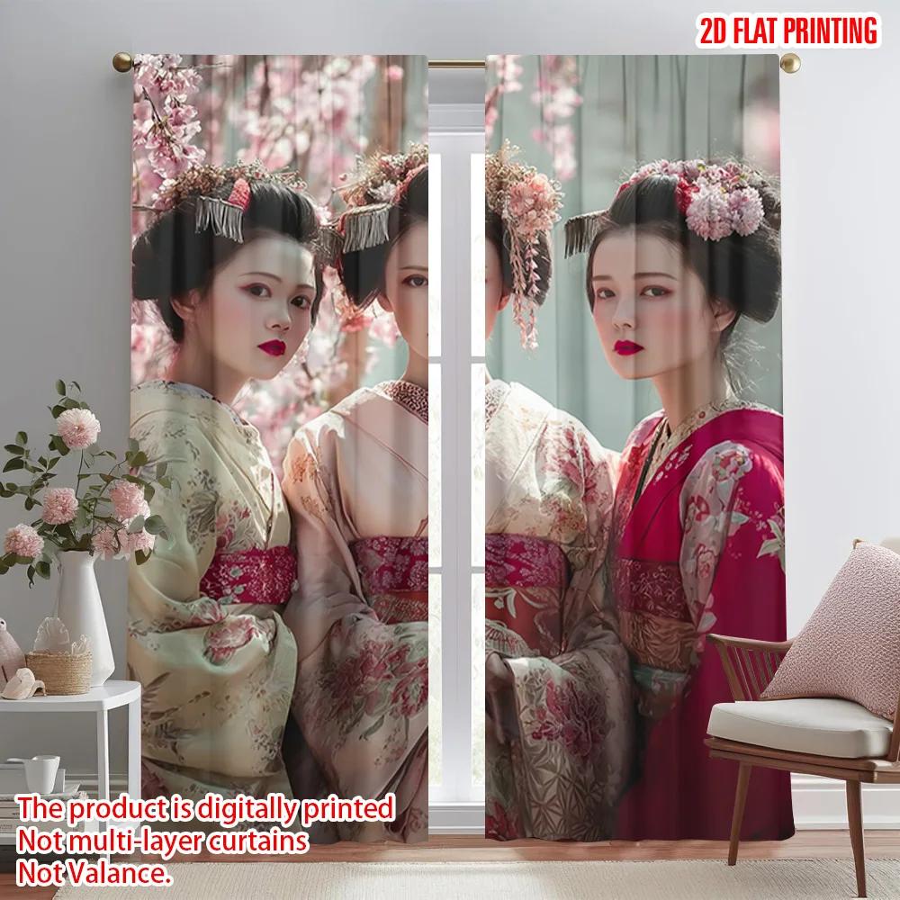 2 шт. Шторы с принтом самолета и оконные украшения с персонажами сакуры и гейши Полиэстер Тканые (без стержня) Праздничный стиль ар-деко