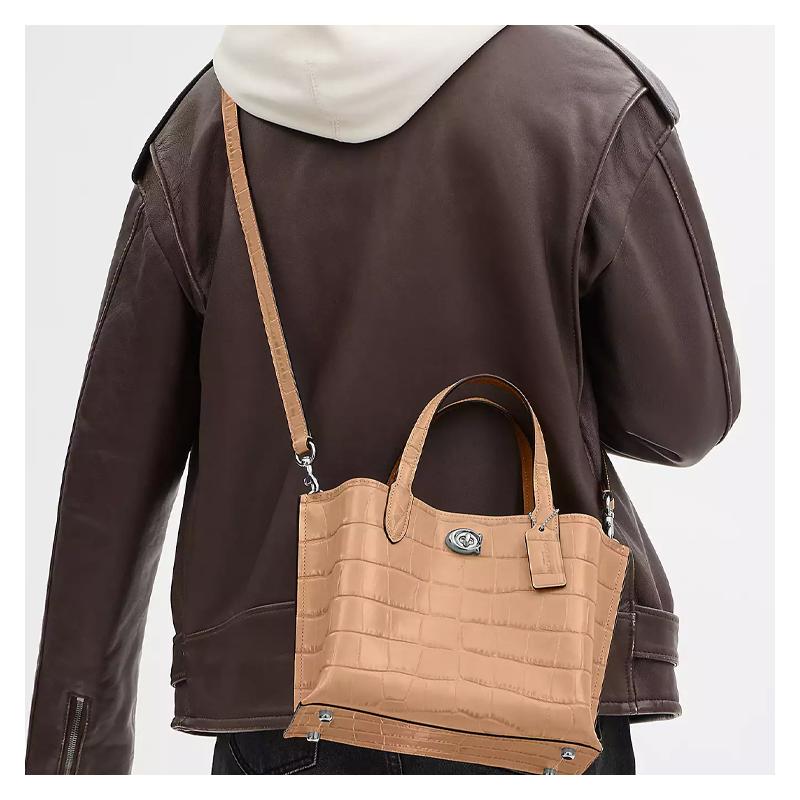 COACH handbag Willow 24 solid color twist-button zipper compartment crocodile embossed leather bucket bag tote bag tote bag shopping bag crossbody
