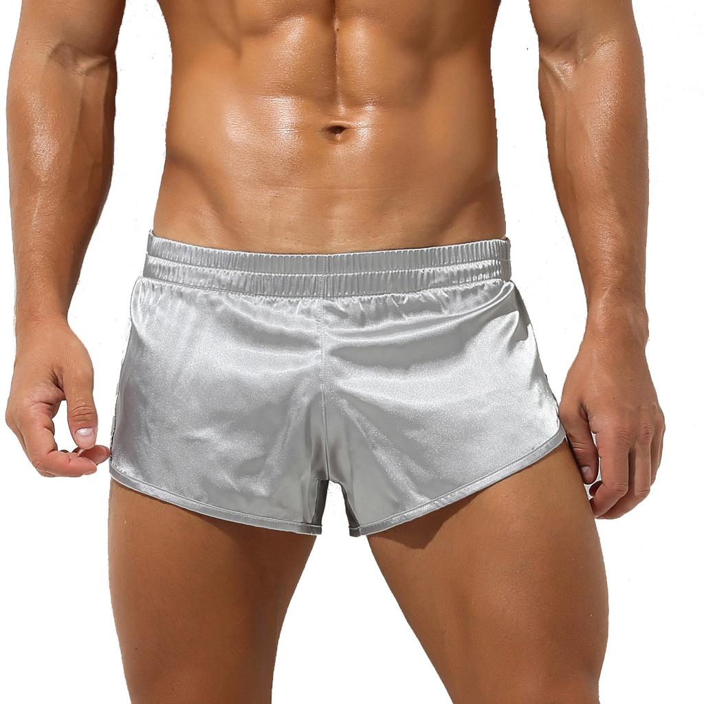 Mens Low Waist Satin Boxers Underwear Side Split Elastic Waistband Shorts Underpants Nightwear