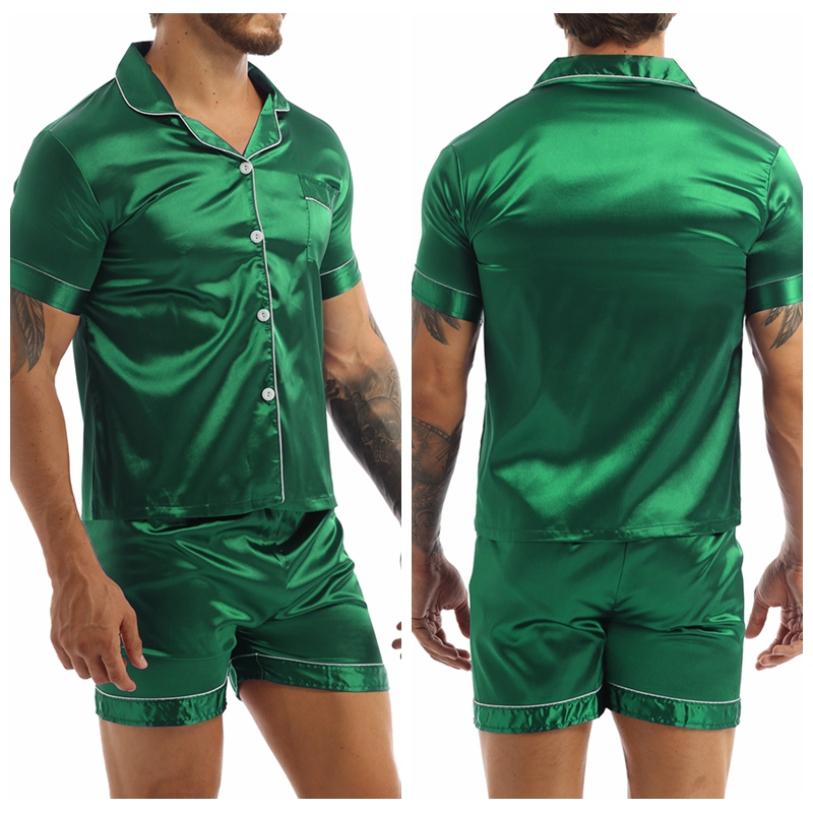 Мужской шелковистый атласный пижамный комплект с короткими рукавами, рубашка на пуговицах, топ с шортами, одежда для сна, одежда для дома