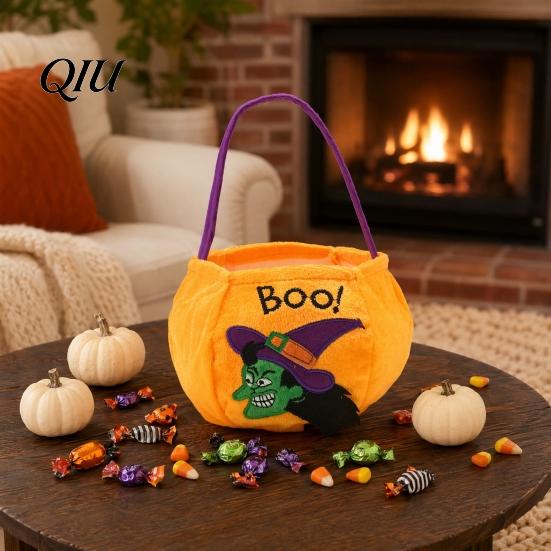 Sturdy Halloween Treat Holder Trick or Bucket, 9.8x5.9 Inch Pumpkin Witch Black Cat Plush Embroidered Bag Tote Bag, Soft Candy Basket with Handle for