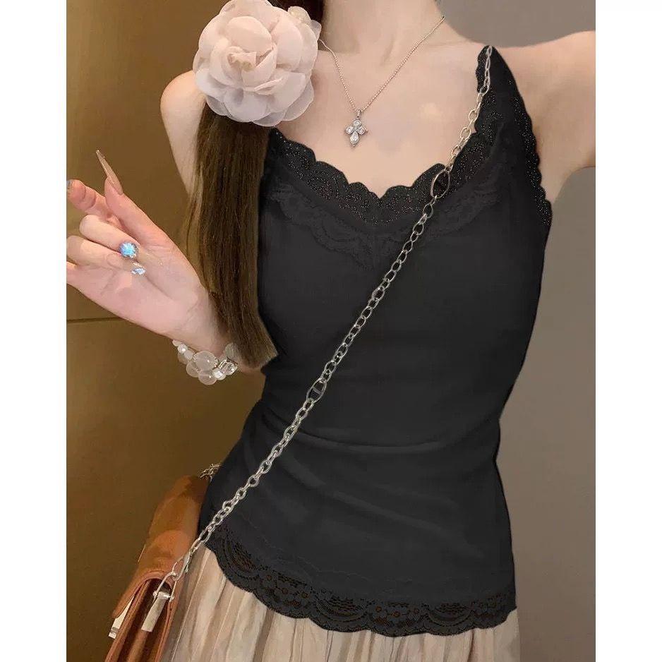 V-neck Lace Camisole Vest for Women - 92% Cotton, Plus Size, Spring/Summer Top