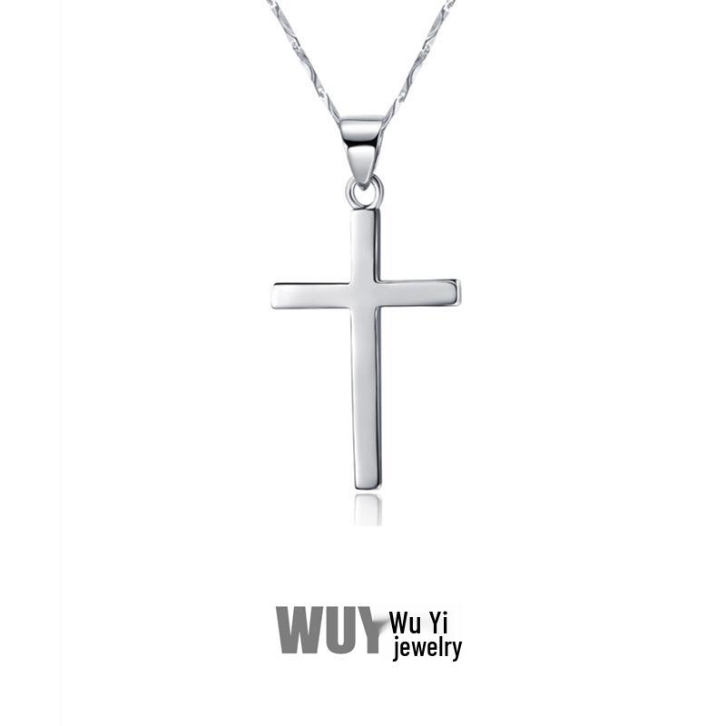 S925 Sterling Silver Smooth Cross Pendant Necklace for Men and Women - Versatile Long Sweater Chain