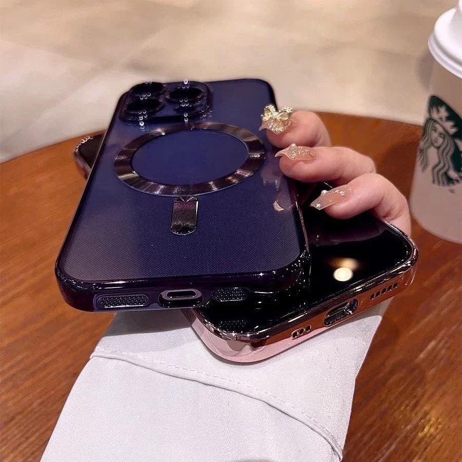 Luxury New Clear Lens Film Magnetic Case For IPhone 15 14 13 12 11 Pro Max Plus Plating Wireless Charging Shockproof Cover