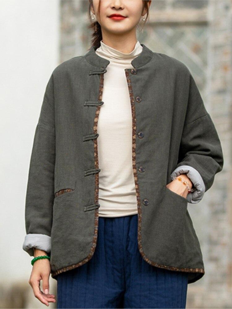 Johnature Женские льняные парки в китайском стиле с длинными рукавами и пуговицами, однотонные пальто, зимние винтажные теплые парки для женщин