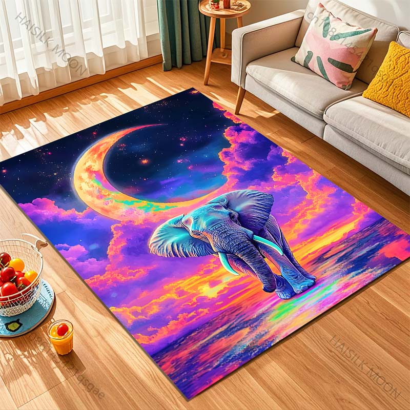 1PC Dreamy elephant under moon Print Carpet Rug for Living Room Bedroom Sofa Doormat Home Decor Non-slip Floor Mat