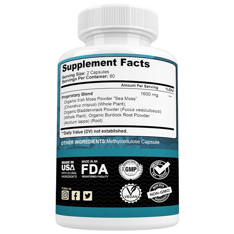 Sea Moss Dietary Supplement, With Organic Bladderwrack Powder, 120 Capsules Per Bottle