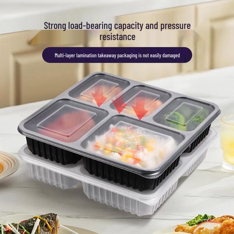 HANDUNYOU 1000ml 3-Compartment Black Disposable Takeout Boxes (200 Sets)