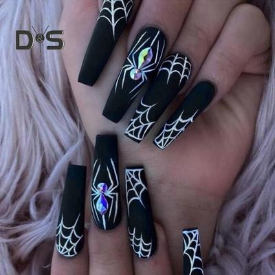 1 комплект накладных ногтей в виде паутины на Хэллоуин с клеем, готические черные длинные накладные ногти, полное покрытие, домашний салон, для женщин и девочек, акриловый набор для накладных ногтей
