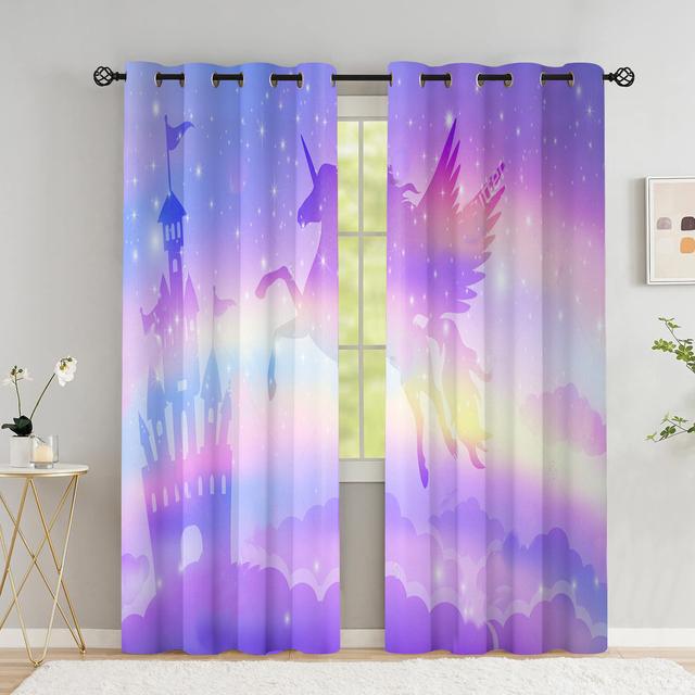 Шторы с летающим единорогом для гостиной, волшебный замок, детская комната, шторы для мальчика, радужное небо со звездами, оконная занавеска с высоким затенением