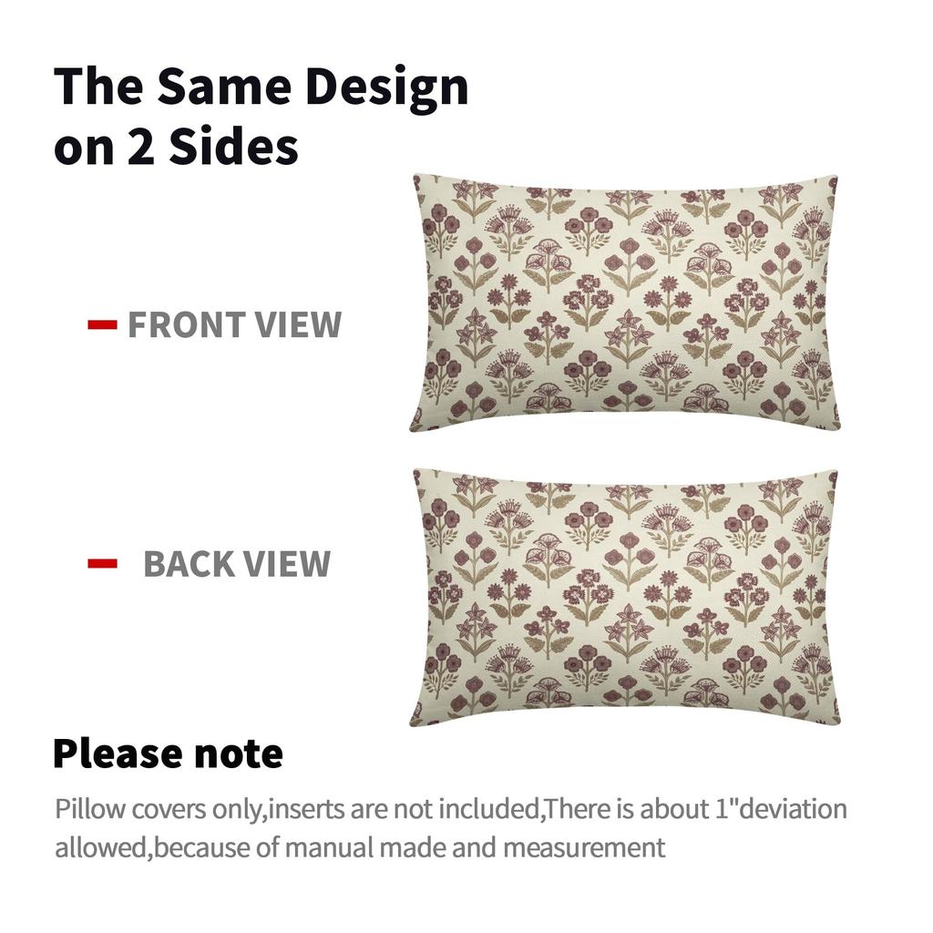 Brown Burgundy Floral Block Print Pillow Covers 12x20 Inch Set of 2 Polyester Linen Lumbar Cushion Cases with Invisible Zipper for Sofa Couch Bed Far