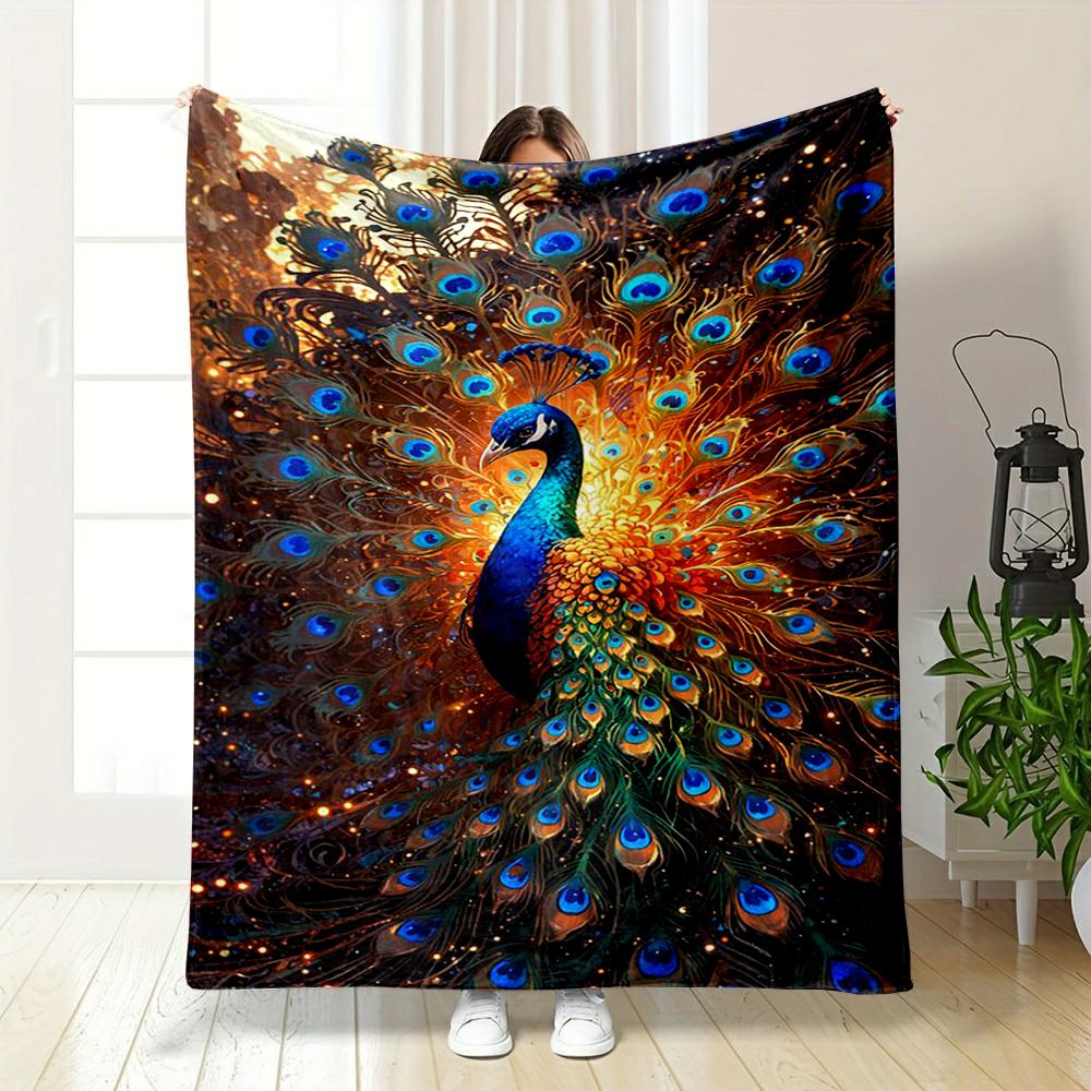 Vibrant Peacock Artwork Warm blanket with Colorful Feathers - Flannel blanket for bedroom, living room, sofa, and nap.