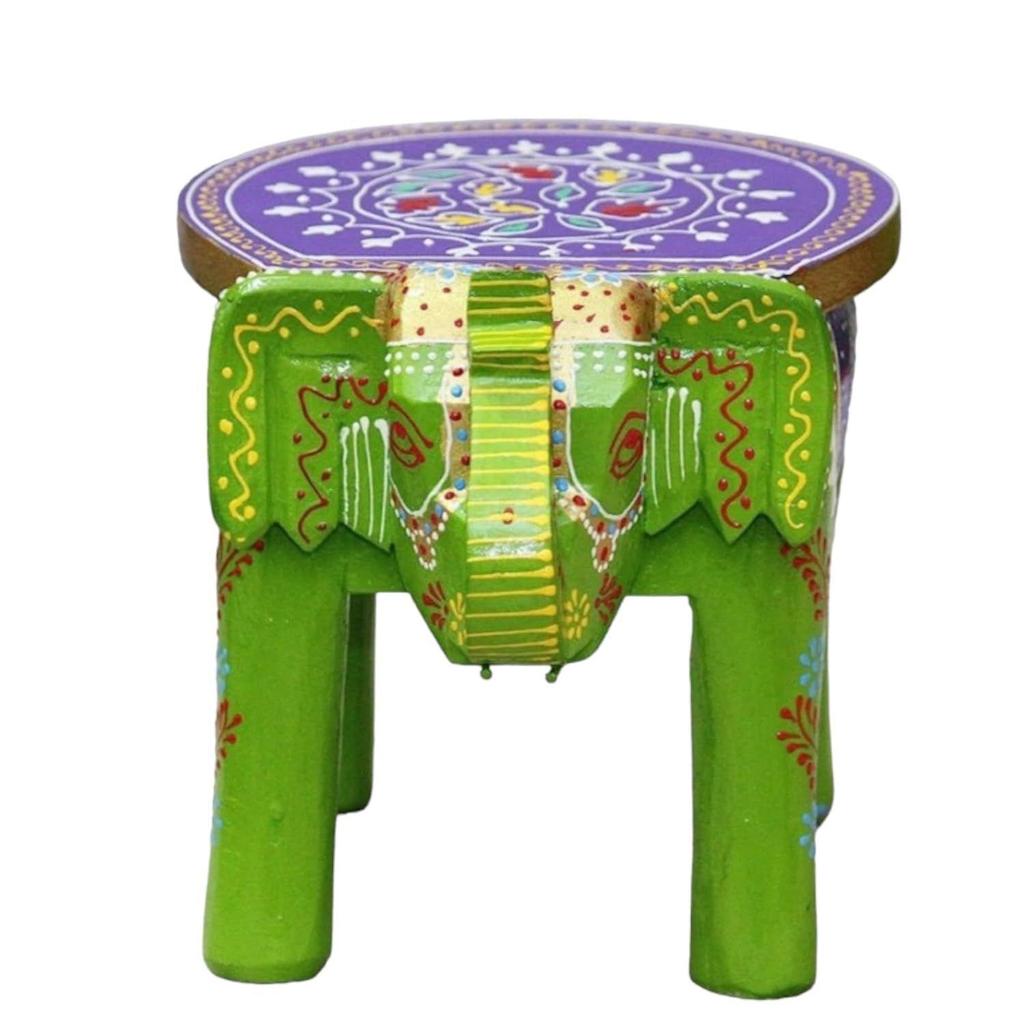 Hand-Crafted and Colorful Emboss Painted Wooden Elephant Shape Stool Cum Gardan Table,Decorative Showpiece (8 Inches Height, Green)