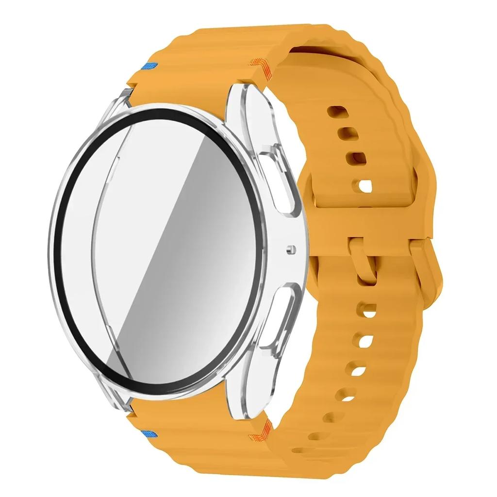 Чехол+Ремешок для Samsung Galaxy Watch 7 6 5 4 40мм 44мм Силиконовый Браслет Защитная Пленка для Экрана из Закаленного Стекла Бампер