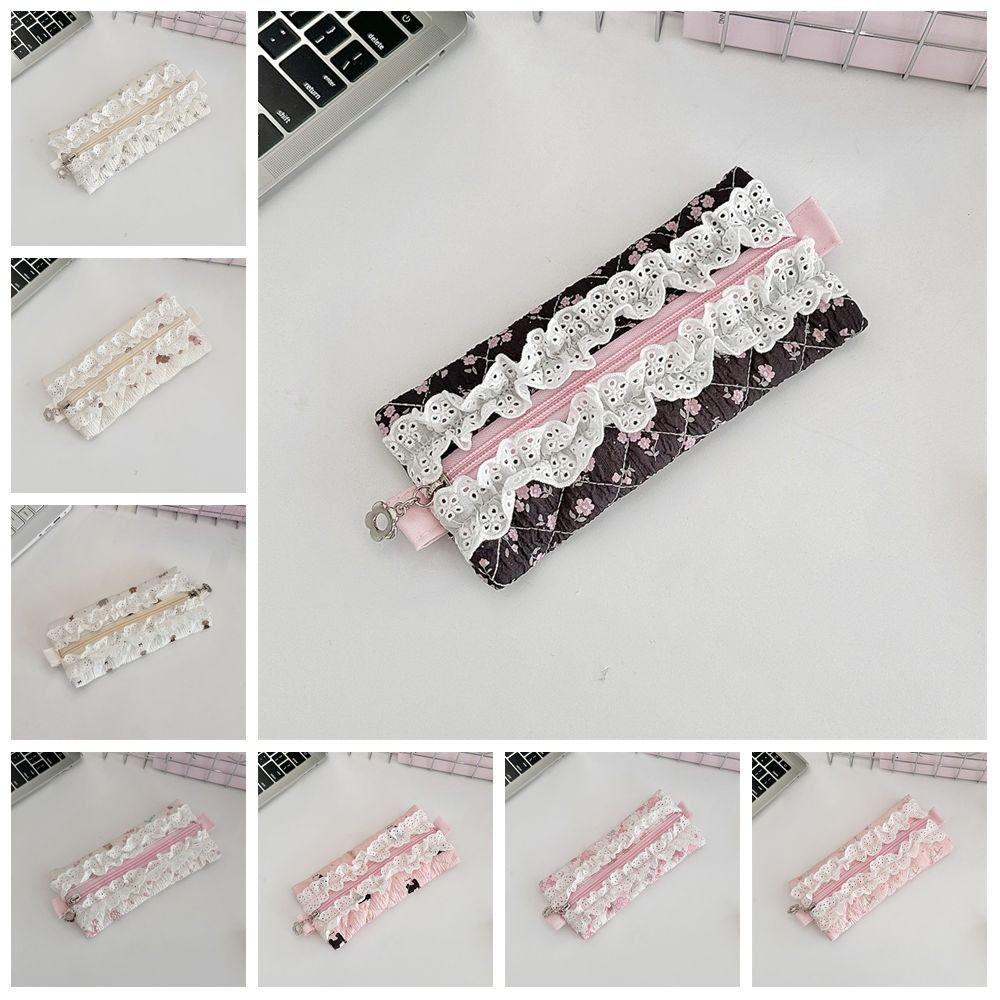 Fresh Lace Pencil Pouch Large Capacity Cosmetic Bag Flower Pattern Pen Case Makeup Bag Cartoon Stationery Storage Bag