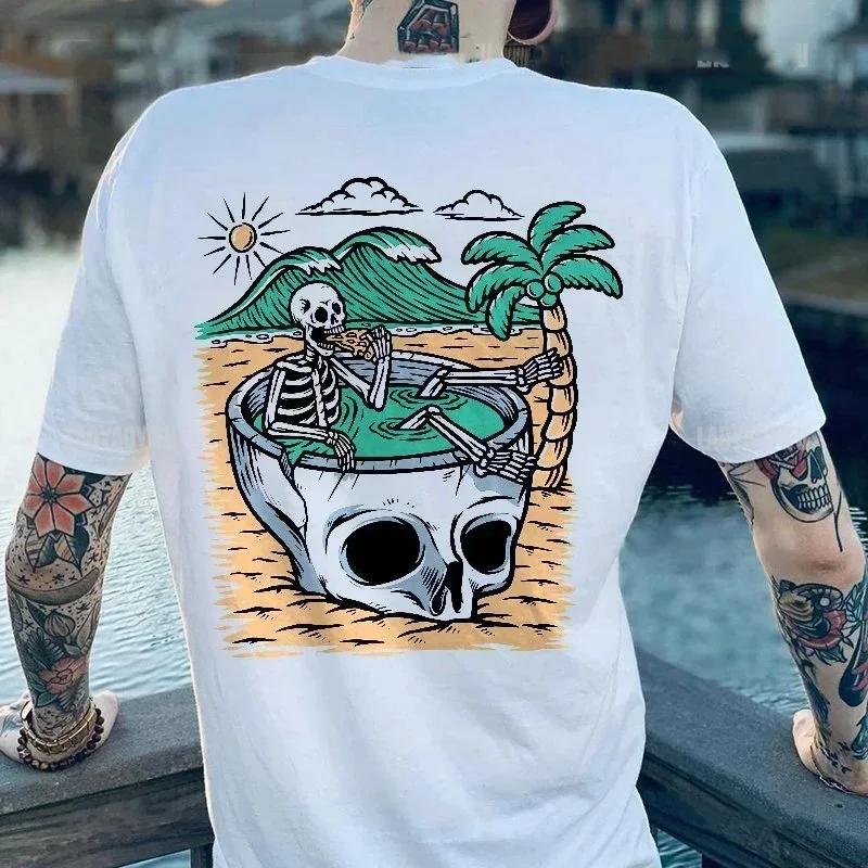 Готические футболки Harajuku Biker Skull Graphic T Shirts Men Fashion Trend Short Sleeve Tops Dark Punk Skulls Retro T Shirt Male Oversize Tee