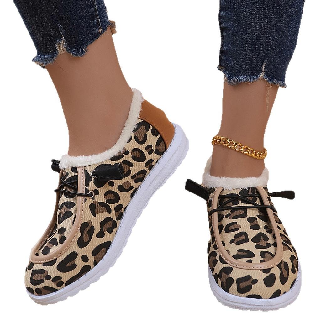 Легкие плоские флисовые хлопковые туфли с леопардовым принтом женские больших размеров женская обувь новая мода круглый носок шнуровка хлопковые ботинки