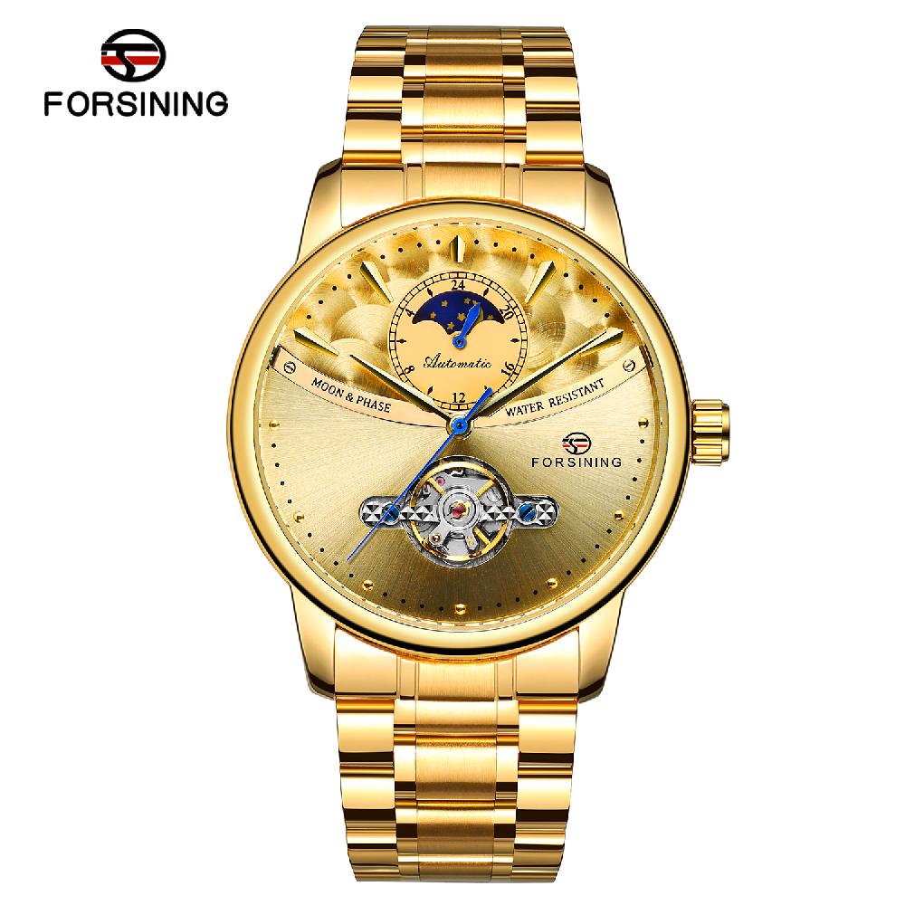 FORSINING Automatic Men’s Wrist Watch Luxury Golden Tourbillon Open Heart Self-wind Mechanical AM PM 24h Display Male Business