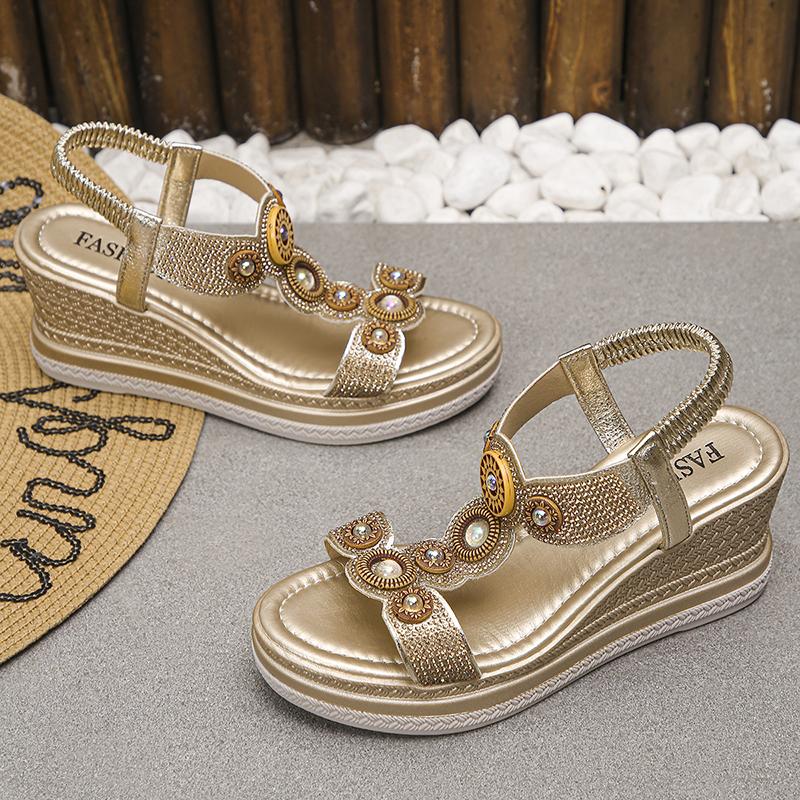 Мода Мода Кристаллы Танкетка Каблук Сандалии Женские Летние Массивная Платформа Богемные Sandalias Mujer Слипоны Высокий Каблук Сандалии Женские 43