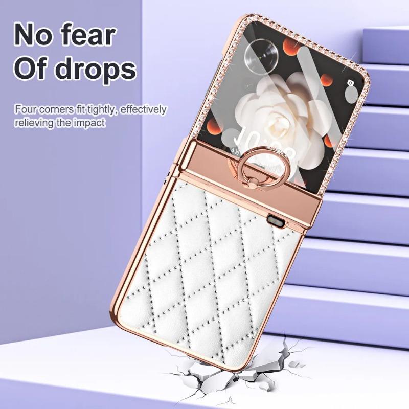 Чехол-держатель для кольца из гальванизированной кожи для Honor Magic V Flip, роскошная защитная крышка для линз с бриллиантами для Honor MagicV Flip LRA-AN00